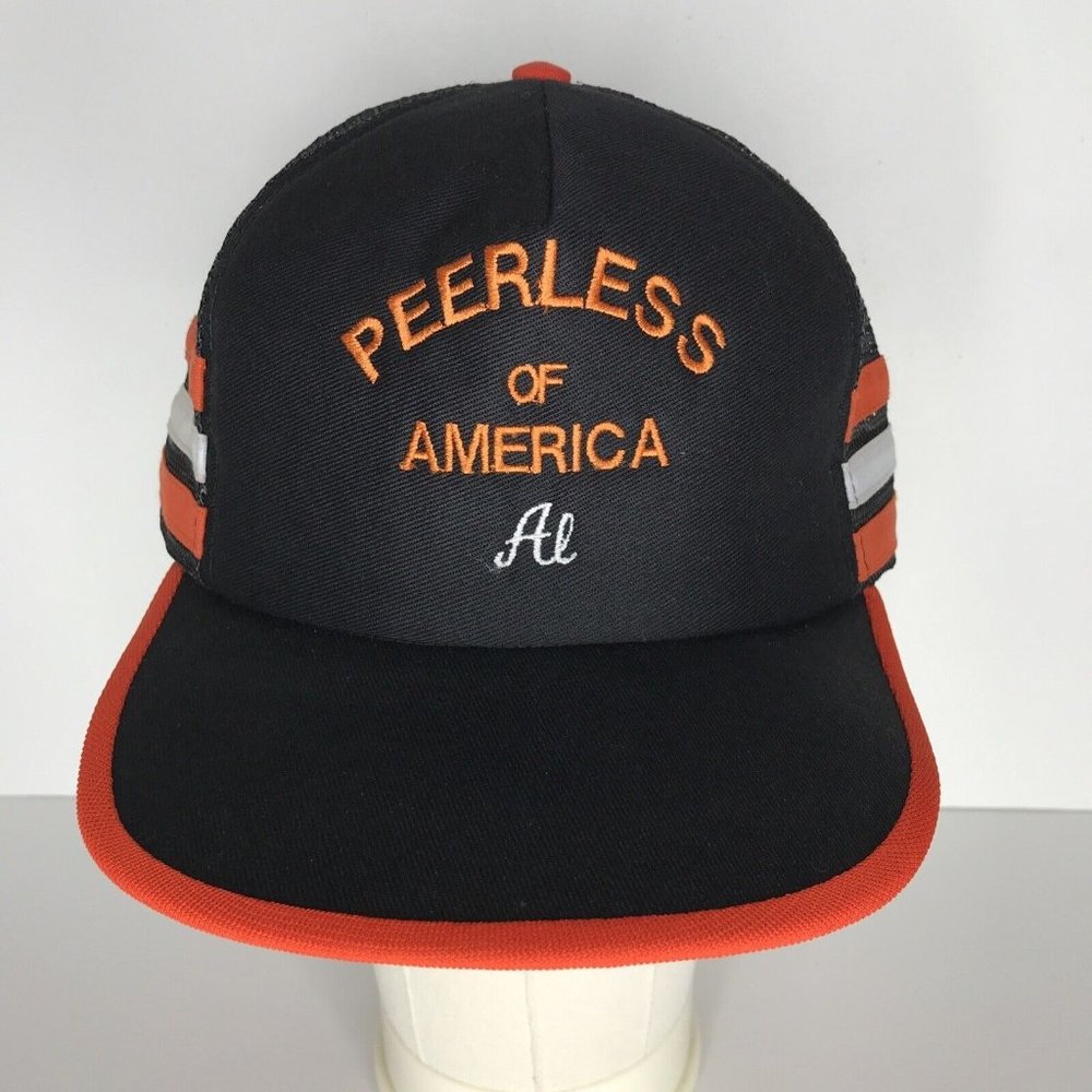 Vintage USA 3 Stripe Peerless Of America AL Black Orange Snapback Trucker Hat